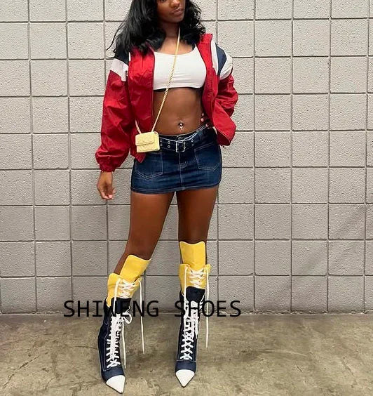 Patchwork Canvas Knee Boots