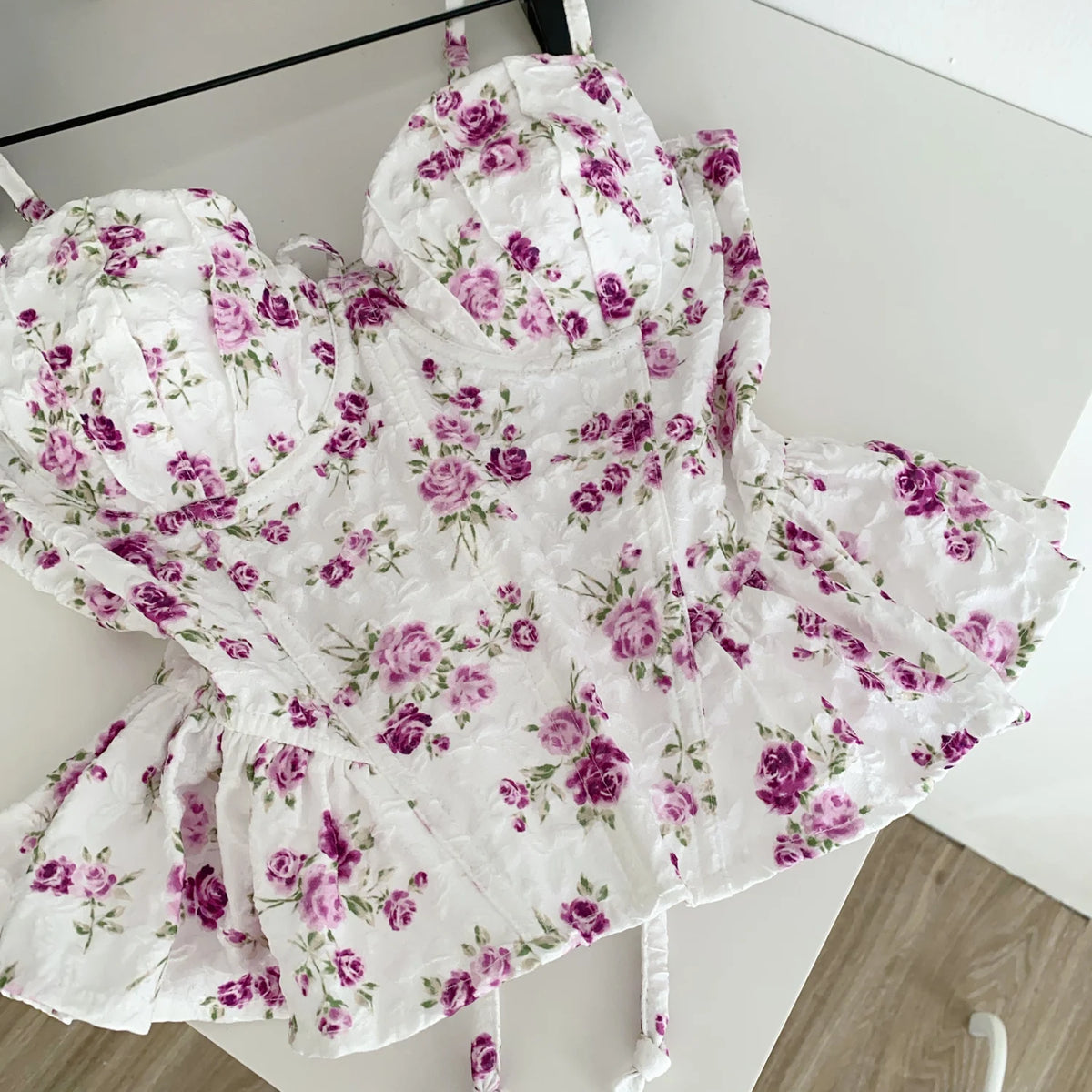 French Corset Print Ruffle Strap Tank Top for Women