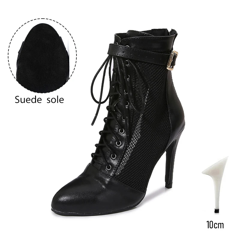 Black Mesh Latin Dance Booties With High Heels for Women