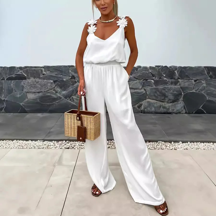 2024 Ladies Off Shoulder Sleeveless Jumpsuit Summer Women Casual Solid Rompers Streetwear Long Playsuits Overalls With Pockets