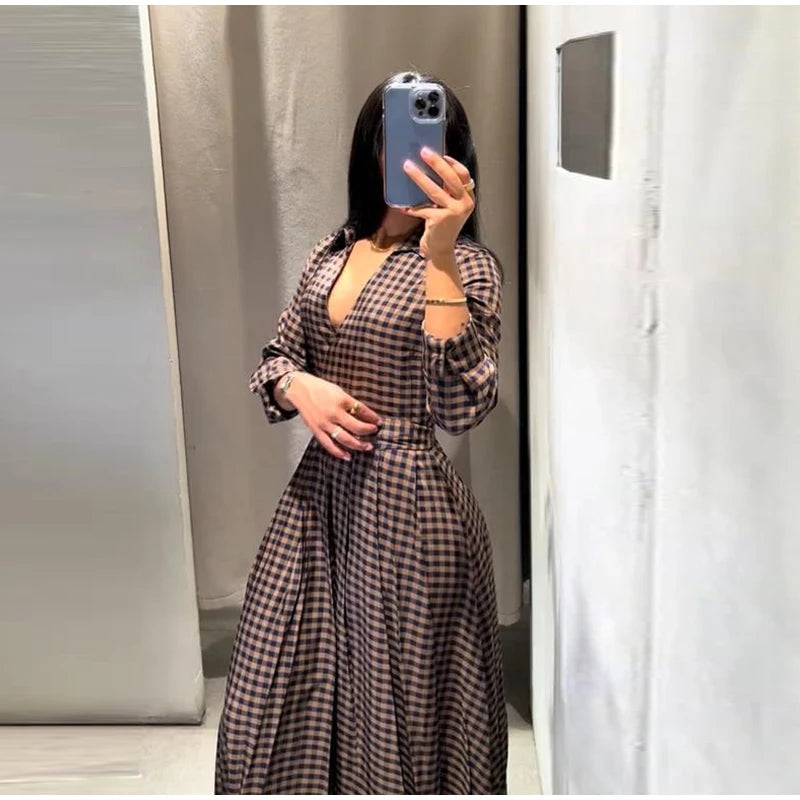 Elegant Plaid Women's Long Dresses Loose Tie Up Bow Laple Full Sleeve A-line Dress For Woman 2026 Spring New Lady Party Robes