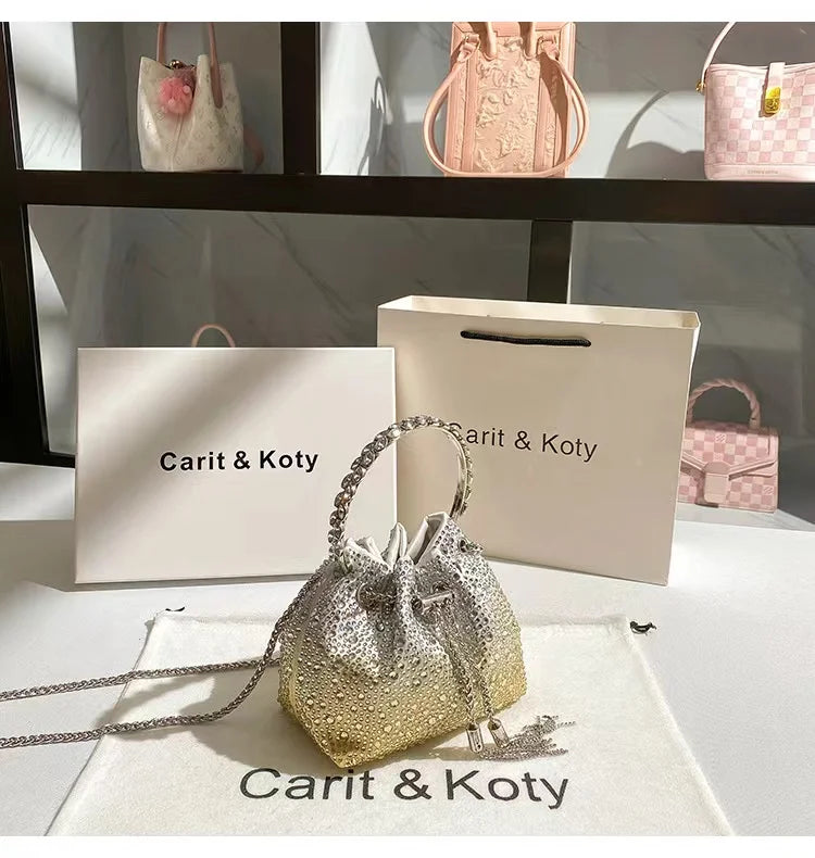 Crystal Shiny Diamonds Bucket Bag Fashion Women Handbag Metal Ring Handle Evening Bag Wedding Party Clutch Purse Crossbody Bag