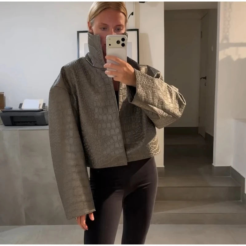 Slim Fit Single Breasted Faux Leather Jacket for Women