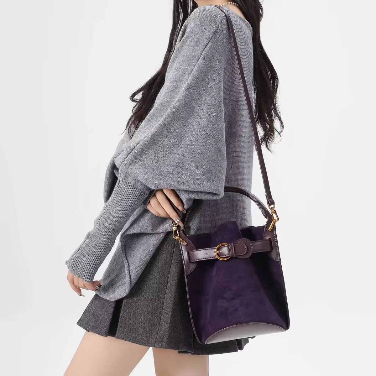 Advanced purple velvet bucket bag for women's new commuting trend single shoulder crossbody bag