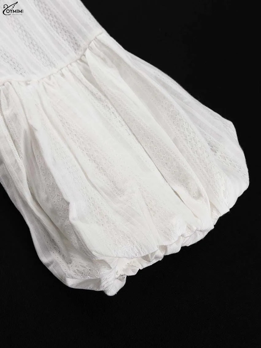 Oymimi Fashion White Cotton Women's Two Pieces Set Elegant Puff Sleeve Loose Lace-Up Shirts And High Waisted Shorts Female Sets