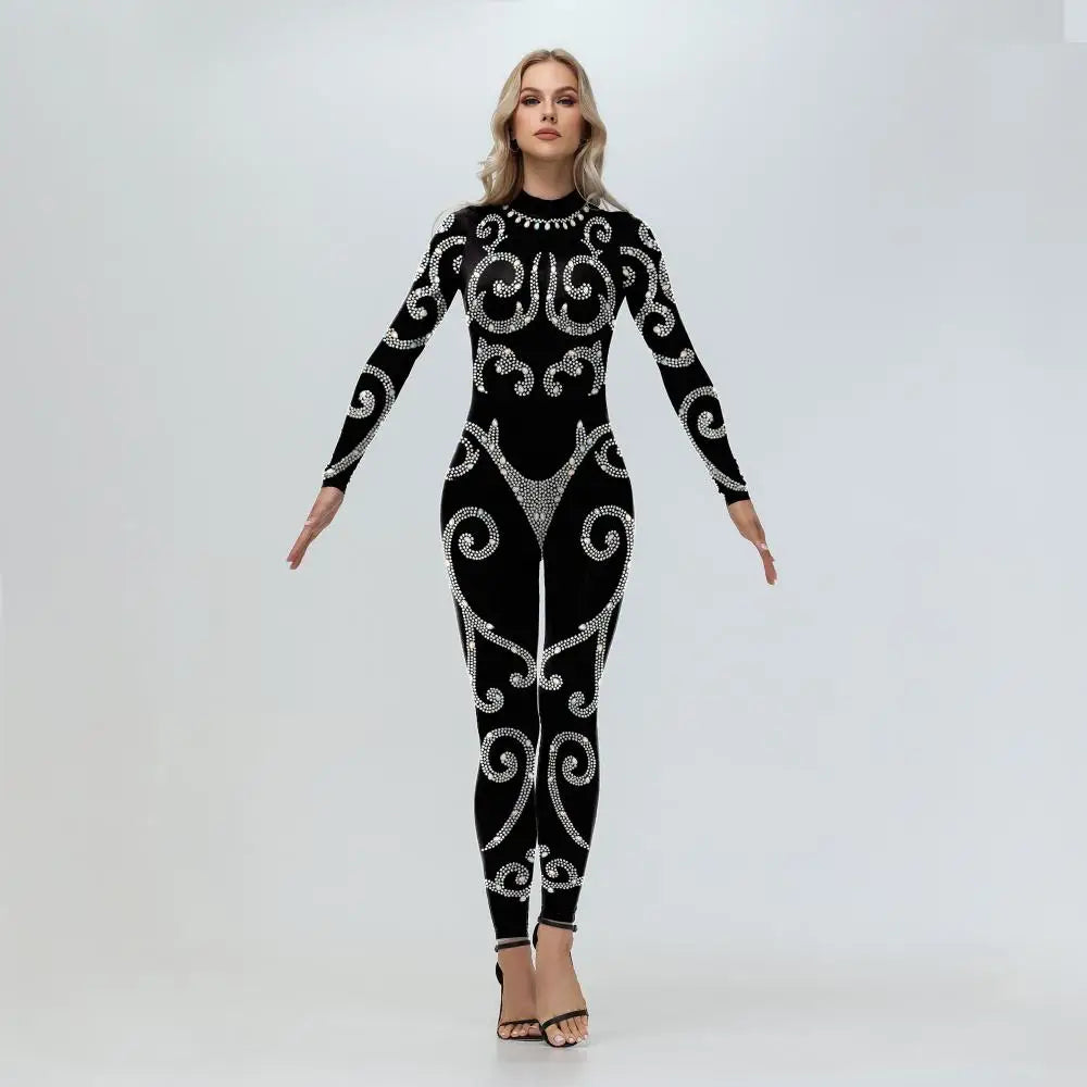 Elegant Skin Color Rhinestone Print Jumpsuit for Women