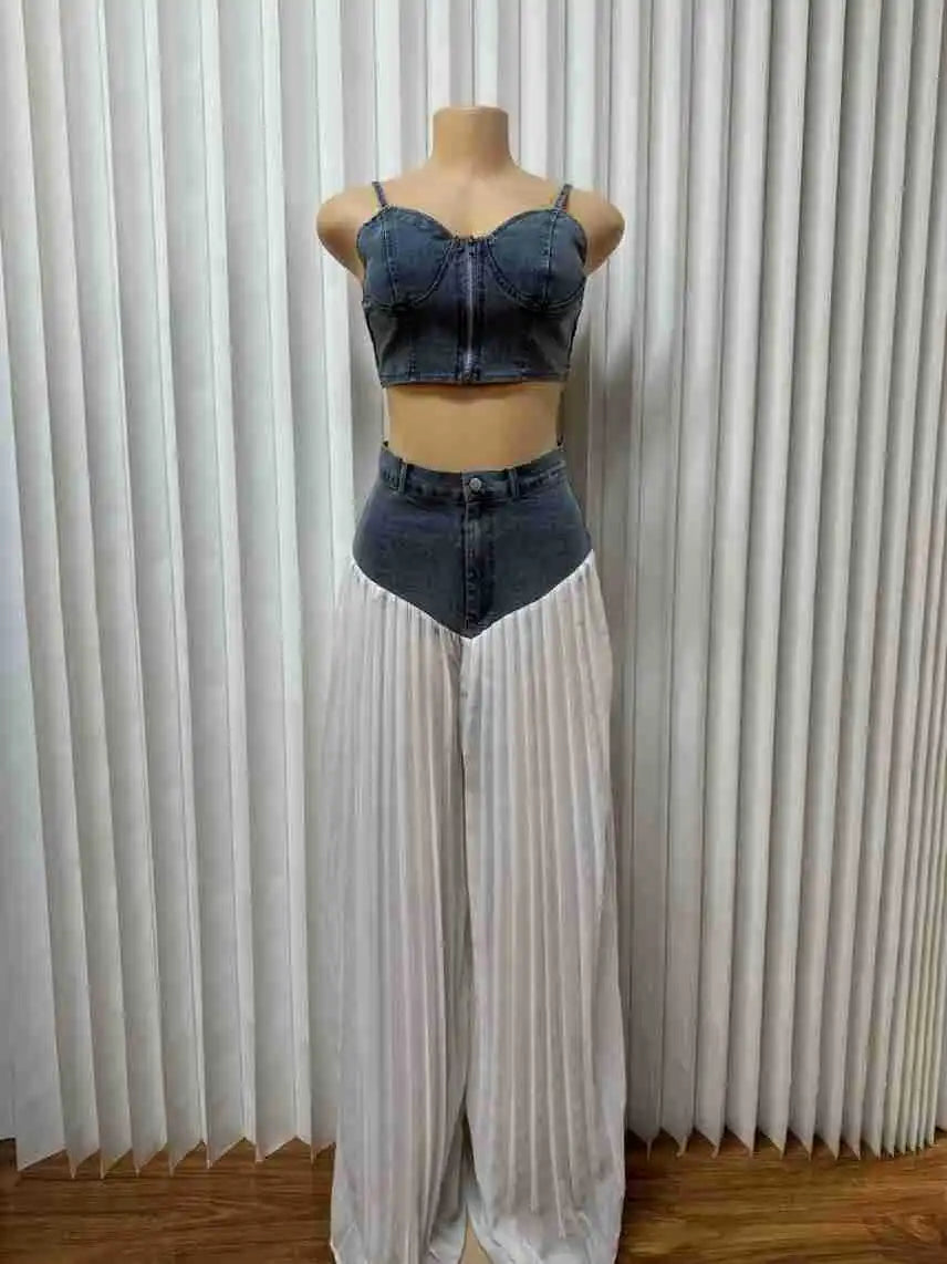 Casual Patchwork Wide Leg Denim Tracksuit Set for Women