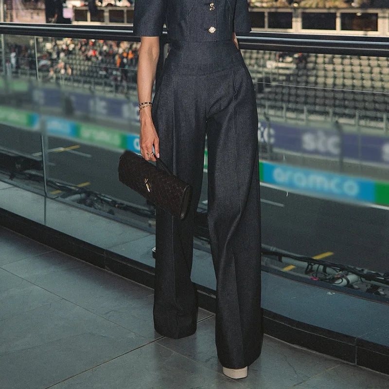 Single Button Denim Jacket With Wide Leg Pants For Women
