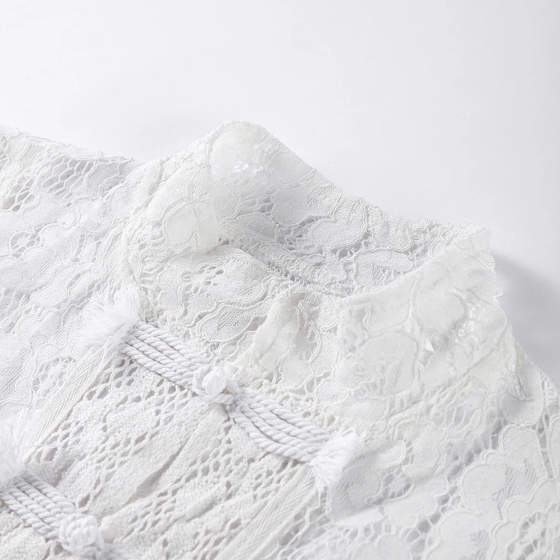 Elegant Embroidered Puff Sleeve Hollow Out Lace Blouse for Women