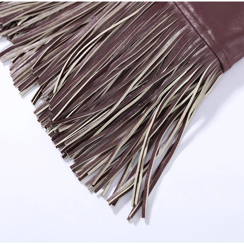 Faux Leather Patchwork Fringe Halter Top for Women