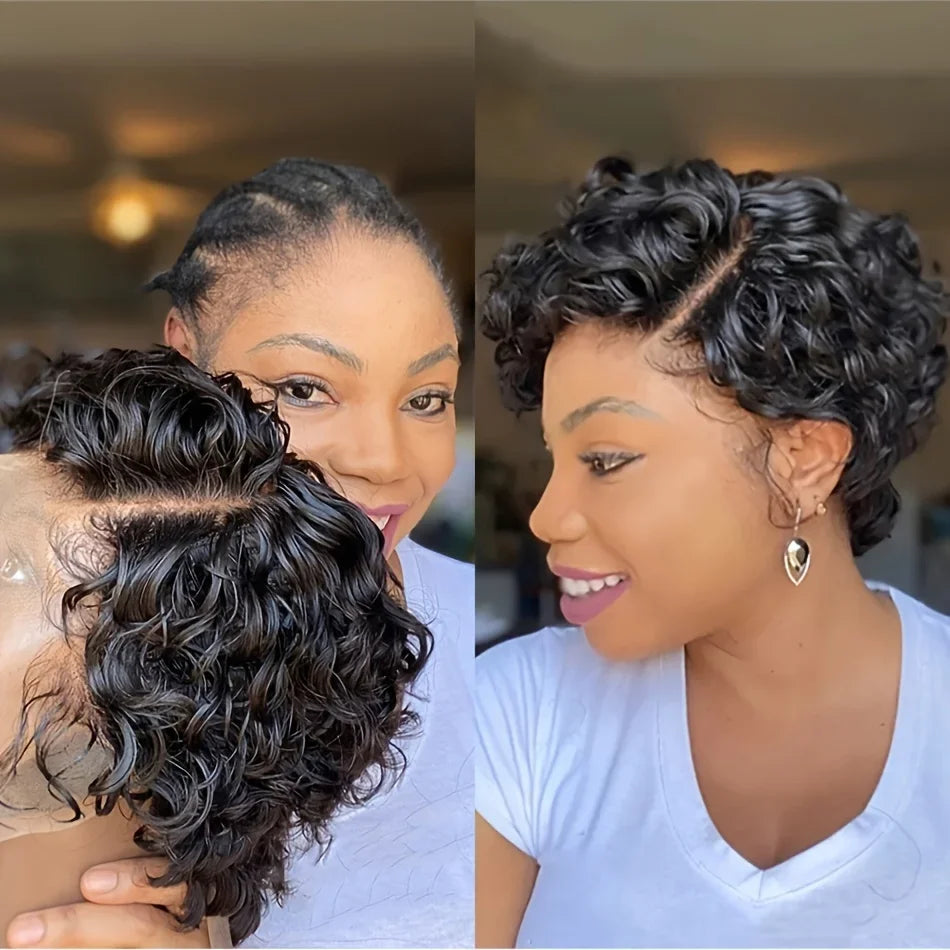 Short Kinky Curly Pixie Cut Human Hair Lace Wig for Women