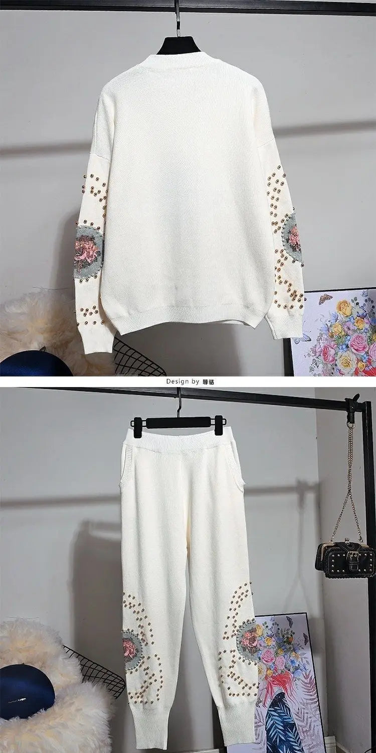 Spring Autumn Women Knitting Suits Trendy Beading Cross Stitch Pullover Sweater Top + Loose Casual Harem Pants White Knit Sets