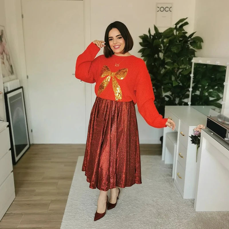 Casual Bow Print Knit Texture Long Sleeve Sweater for Women