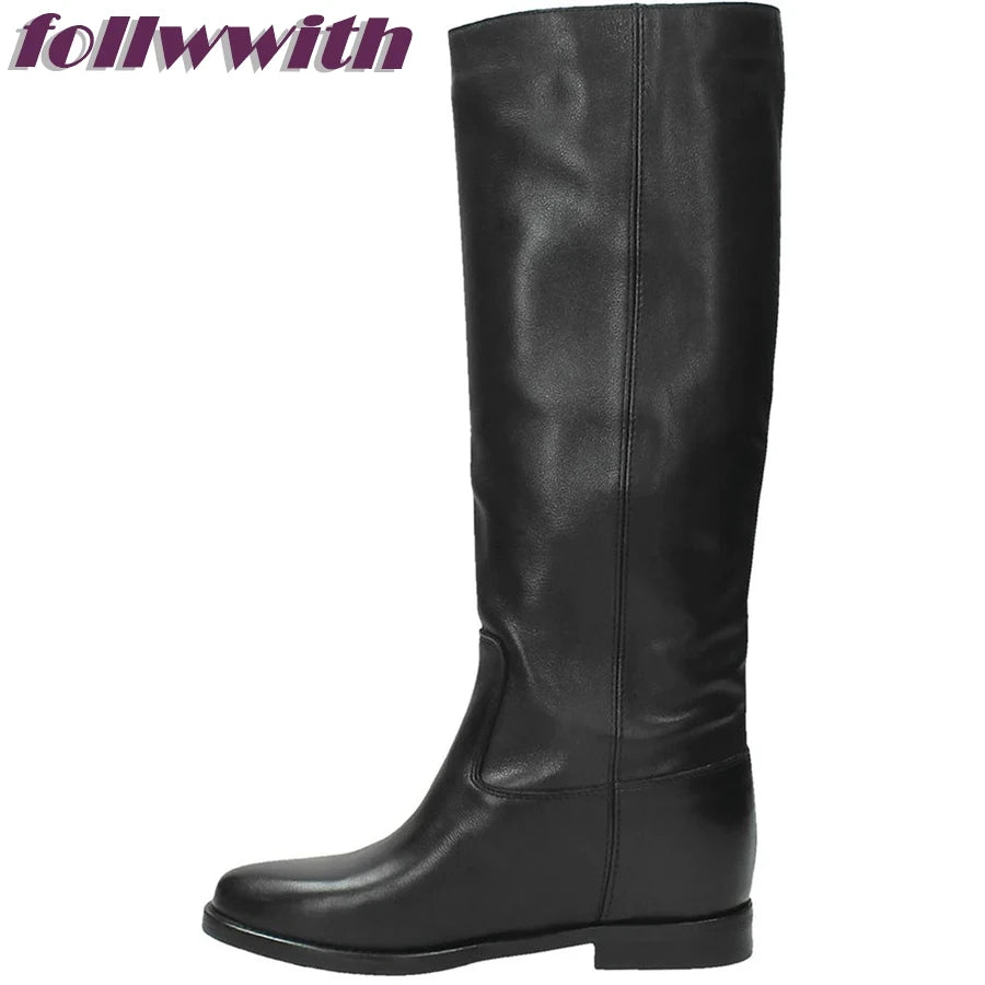 Leather Over The Knee Flat Boots With Buckle And Round Toe For Women