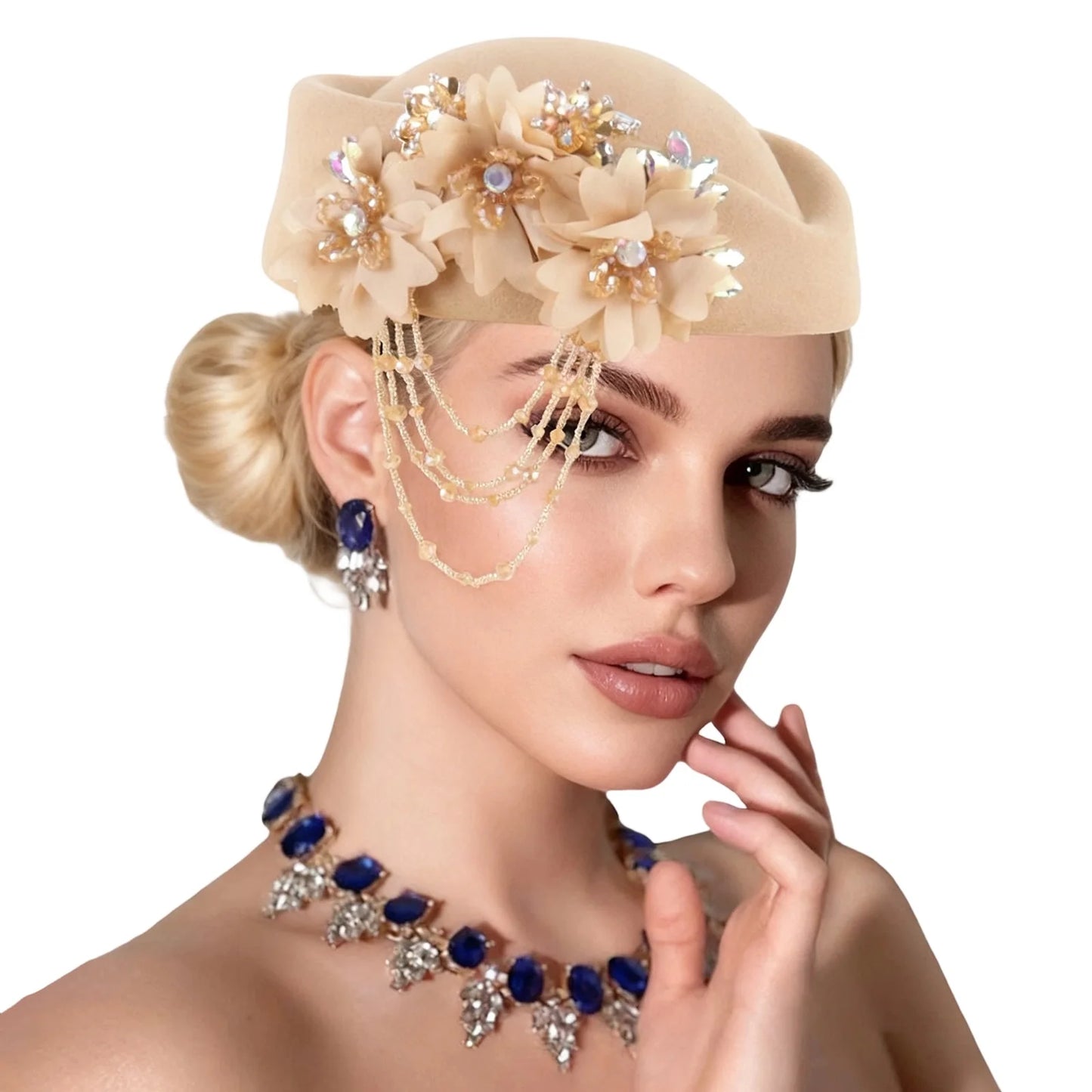 Retro British Beret With Floral Rhinestone Decor For Women