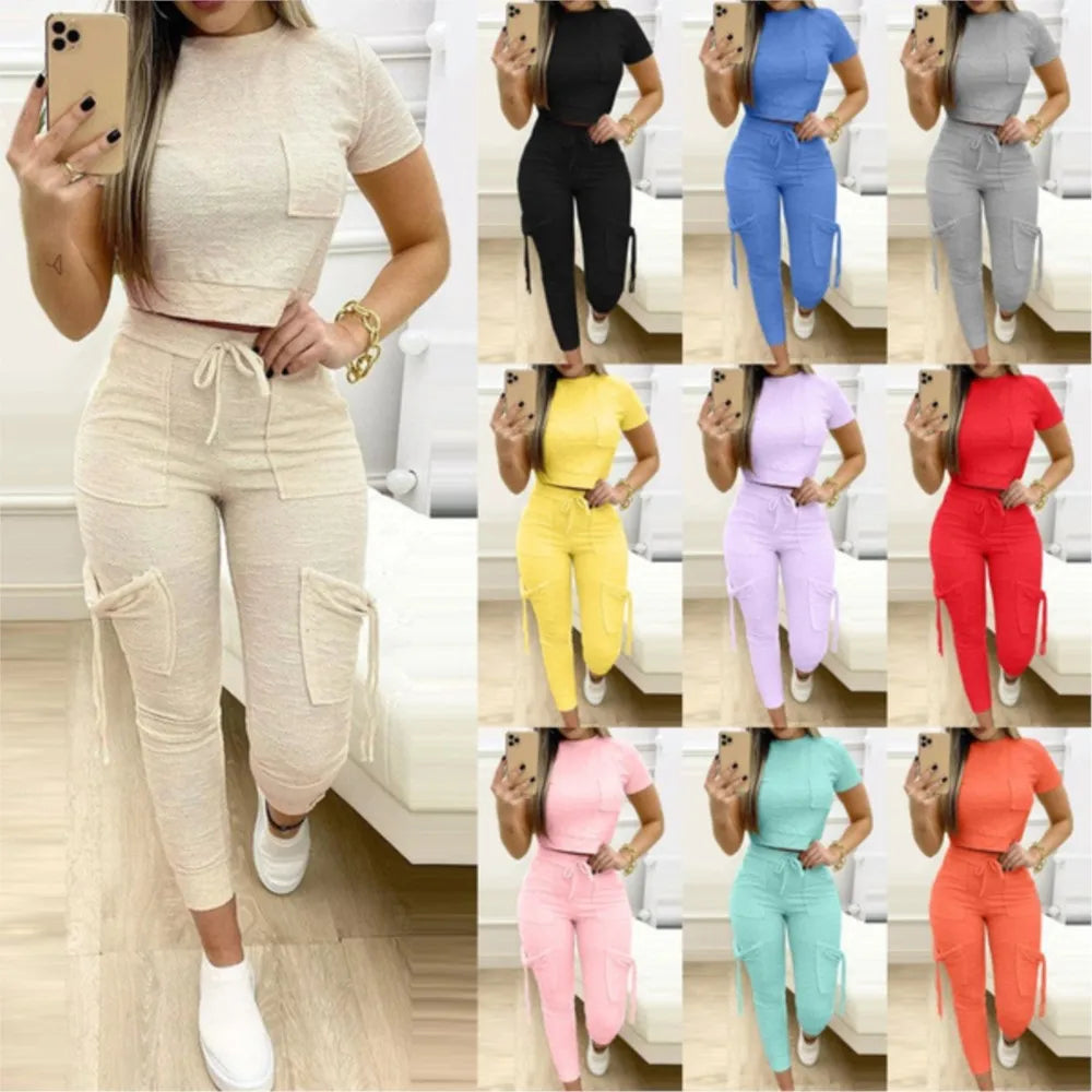 Cropped Tee and Long Pants Two Piece Set for Women