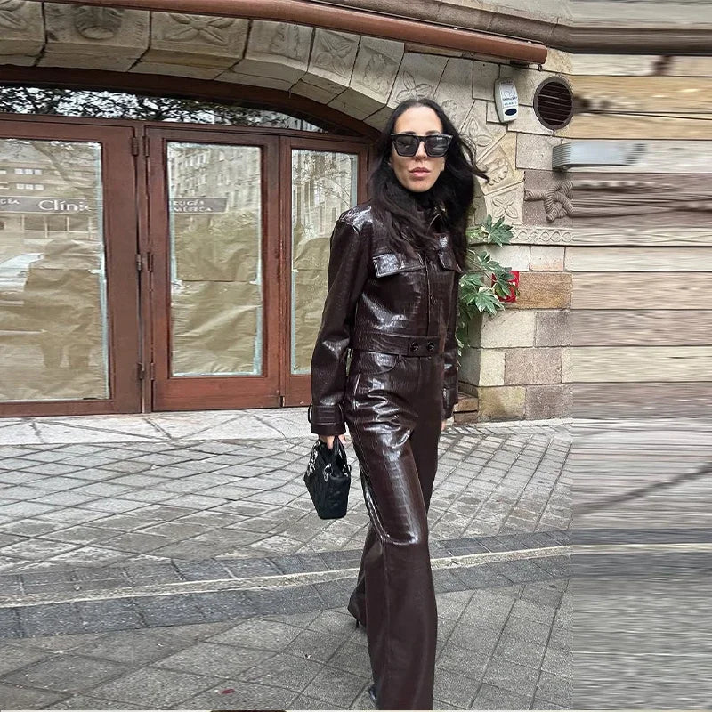 PU Leather Turn-Down Collar Jacket and Pants Set for Women