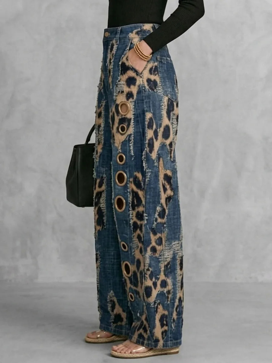High Waist Distressed Leopard Print Wide Leg Jeans for Women