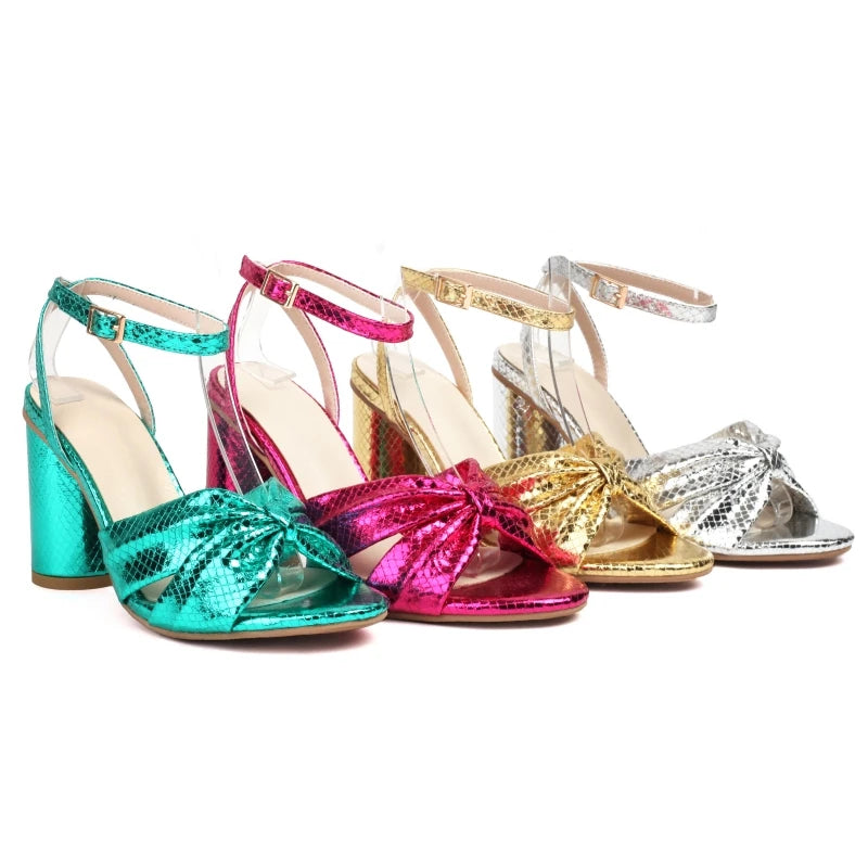 Metallic Block Heel Ankle Strap Sandals