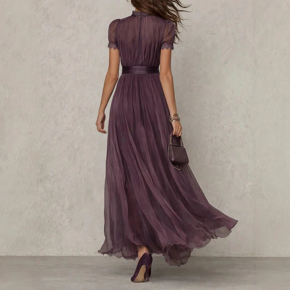Elegant Lace Trim Chiffon Maxi Evening Dress for Women