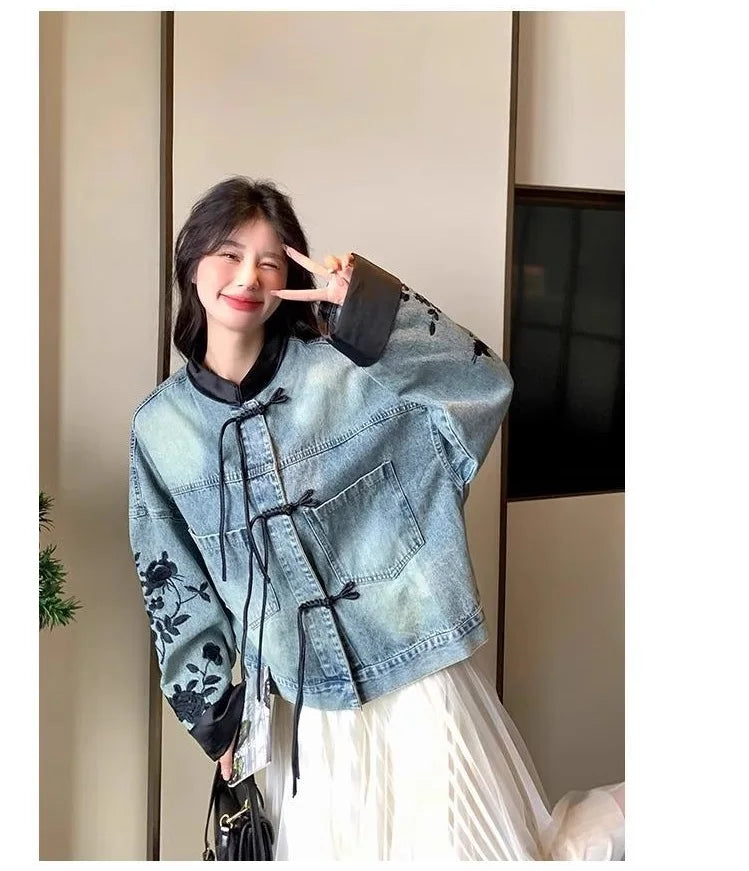 Plus Size Embroidered Denim Jacket