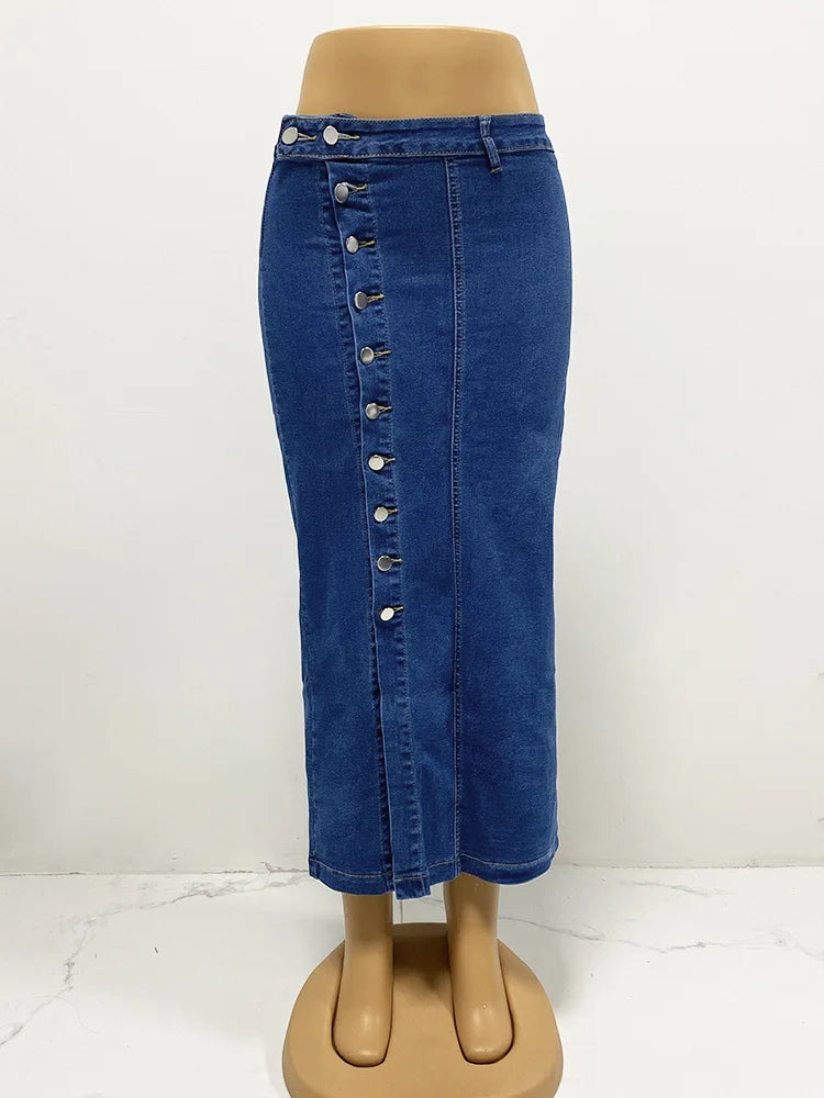 High Waist Retro Button Denim Skirt With Slit for Women