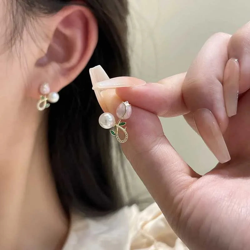Pearl Tulip Enamel Stud Earrings With Zircon Drops for Women