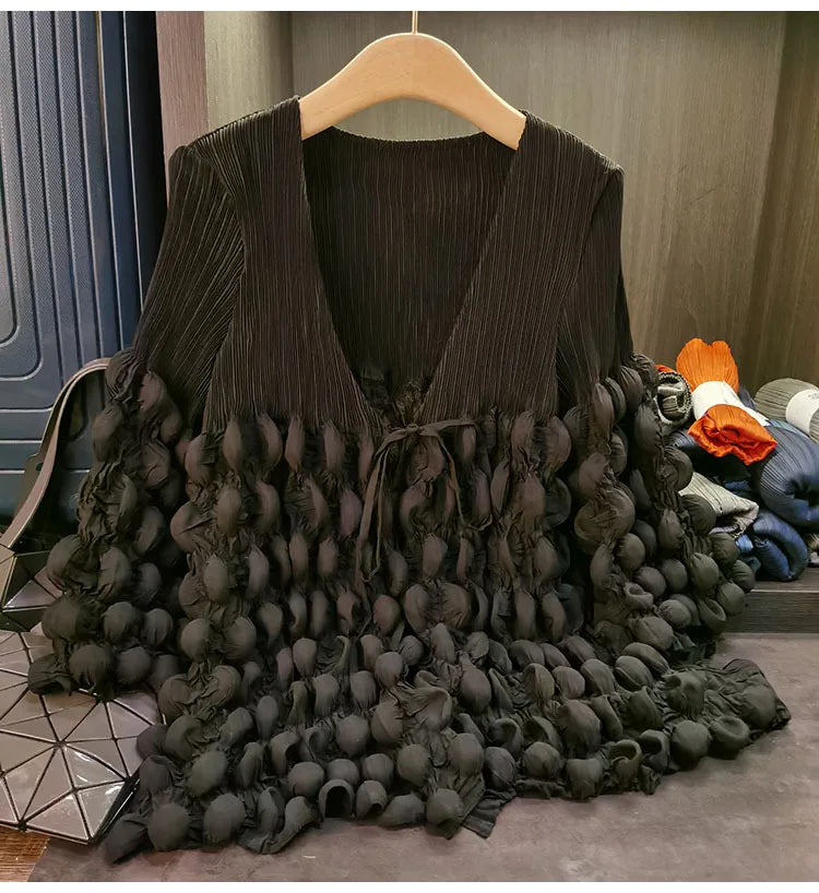 Elegant Lace Up Pleated Long Sleeve Coat for Women
