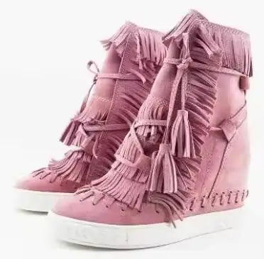 Girls Beige Black Gray Pink Suede Genuine Leather Round Toe Tassel Fringed 8 CM Height Increasing Wedges Sneakers Ankle Boots