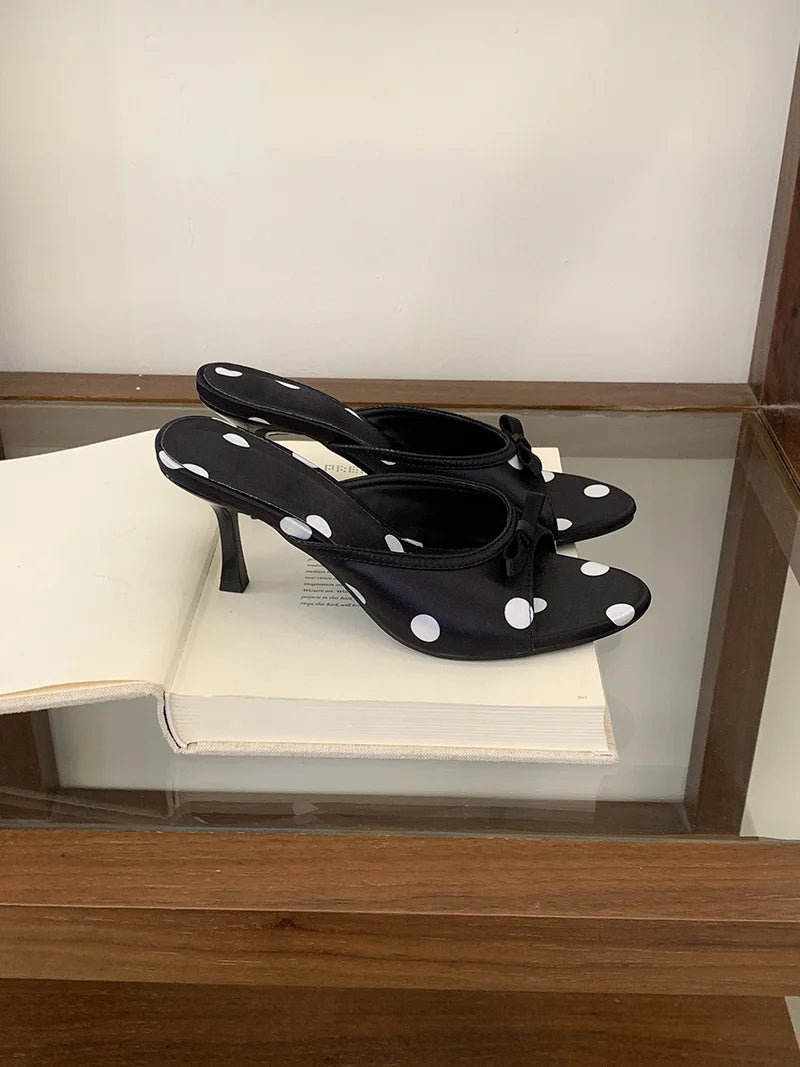 Polka Dot Silk Butterfly Knot Heeled Sandals for Women