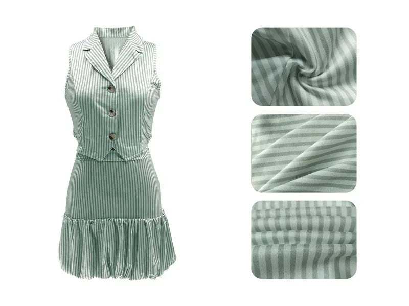 Striped Notched Vest Top And Mini Skirt Set for Women