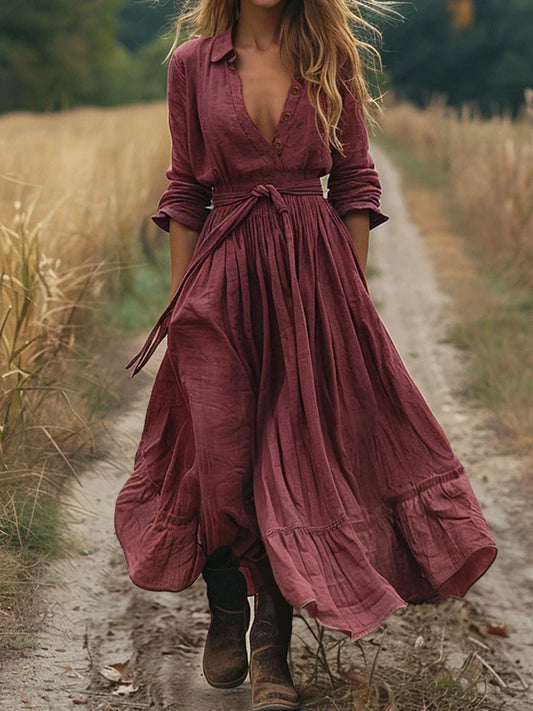 Turn-Down Collar Lace-Up Simple Maxi Dress, Women Spring Autumn Long Sleeve Chic Party Dress, Holiday Solid Elegant Ladies Dress