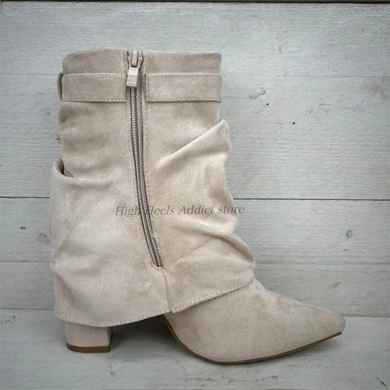 Suede Pointed Toe Metal Buckle Chunky Heel Mid Calf Boots For Women
