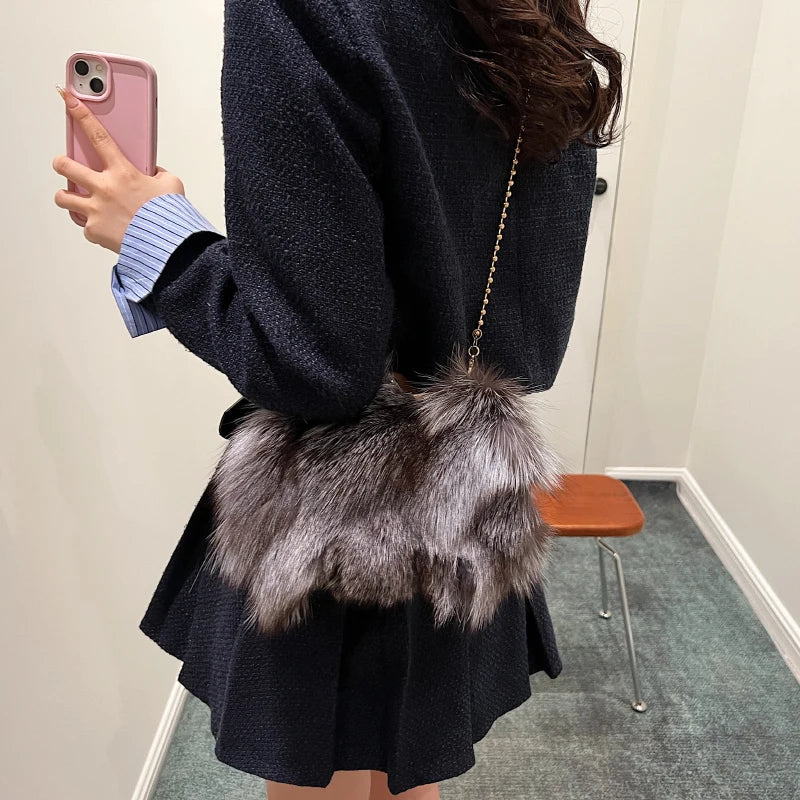 Luxurious Fox Fur Evening Clutch with Chain for Women