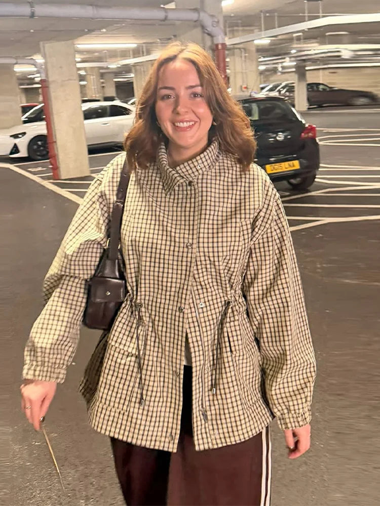 Grid Pattern Stand Collar Long Sleeve Coat for Women