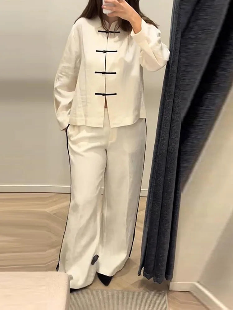 Casual Cotton Coat And Wide Leg Trouser Set for Women