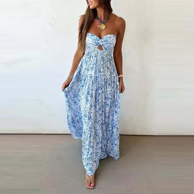 Off Shoulder Pleated Bohemian Maxi Dress for Women