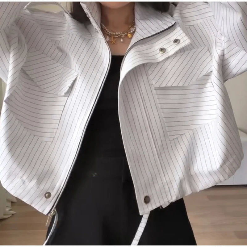 Casual Cropped Jacket With Stand Collar and Drawstring Hem for Women