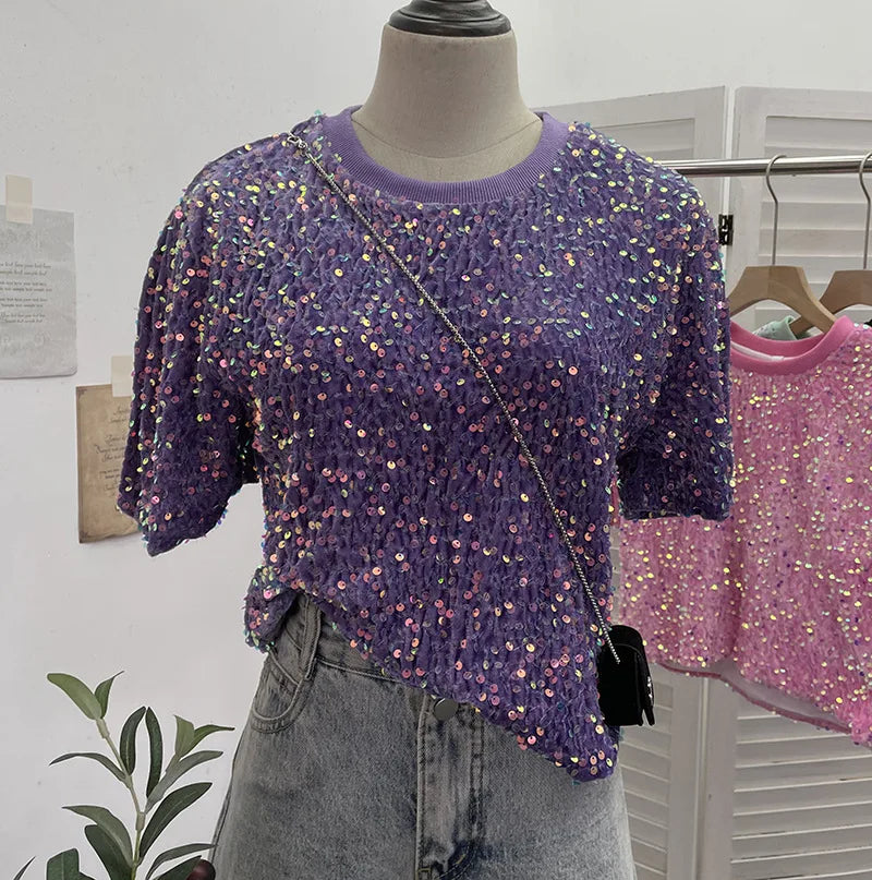 Spicy Girl Pink Sequins Short Sleeve T-shirt Round Neck Slimming Crop Top Blingbling Sexy Nightclub Multi Color Casual Tees