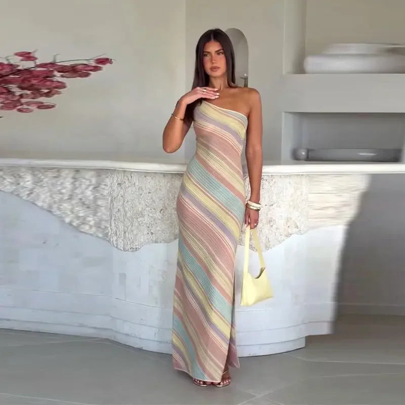 Elegant One Shoulder Printed Mid-Calf Dress for Women