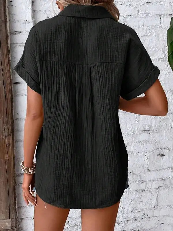 Short Sleeve Cotton Button Down Blouse With Pockets for Women