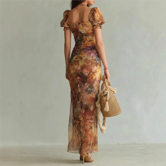 Elegant Lace Print Square Neck Dress