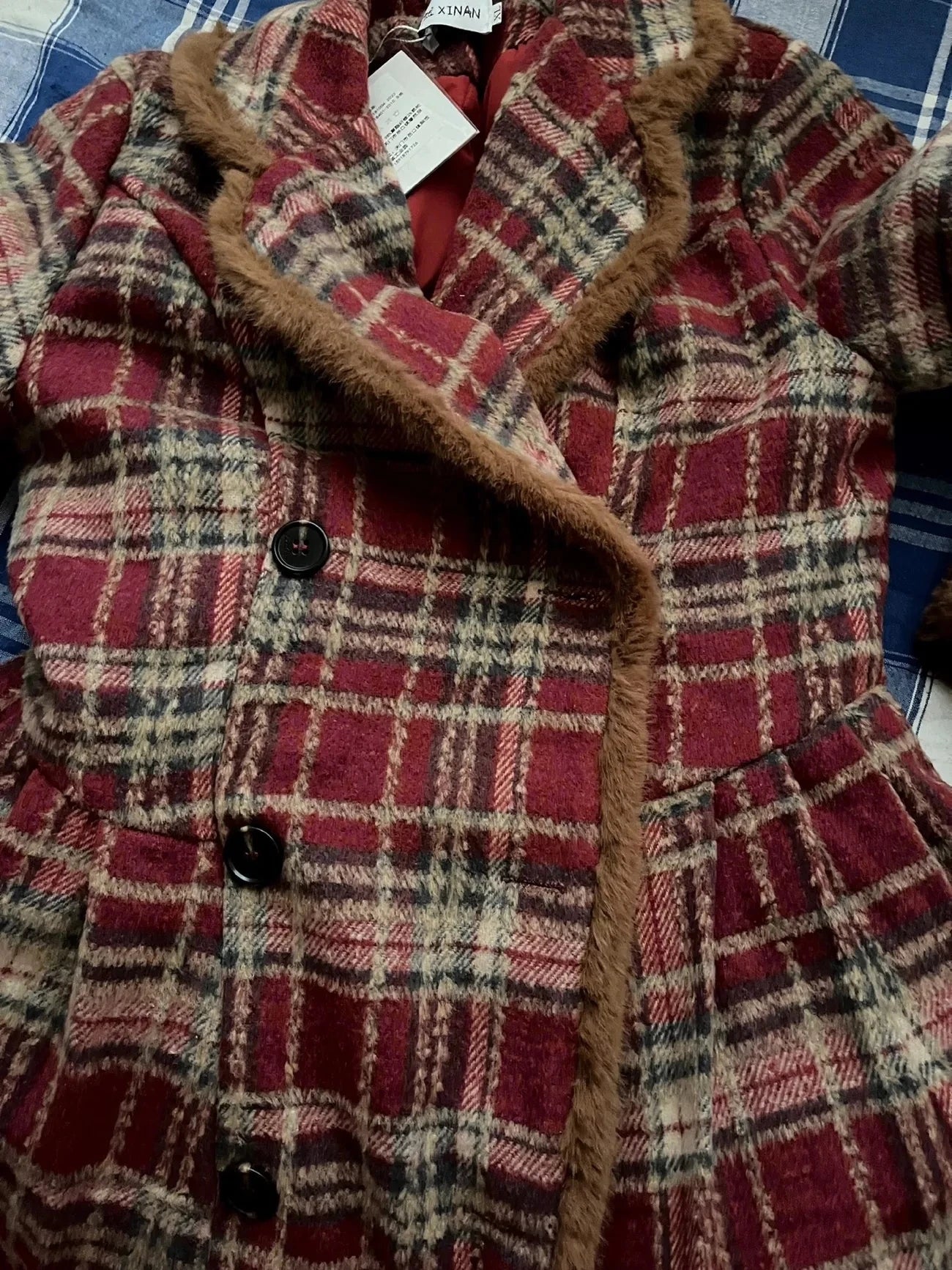 Women's Double Breasted Plaid Coat, Woolen Jacket , V-Neck, Loose Tops, Female Clothes, Sweet, New, Autumn, Winter