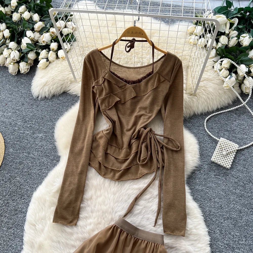 Elegant Mesh Ruffle Hem Halter Neck Dress Set for Women