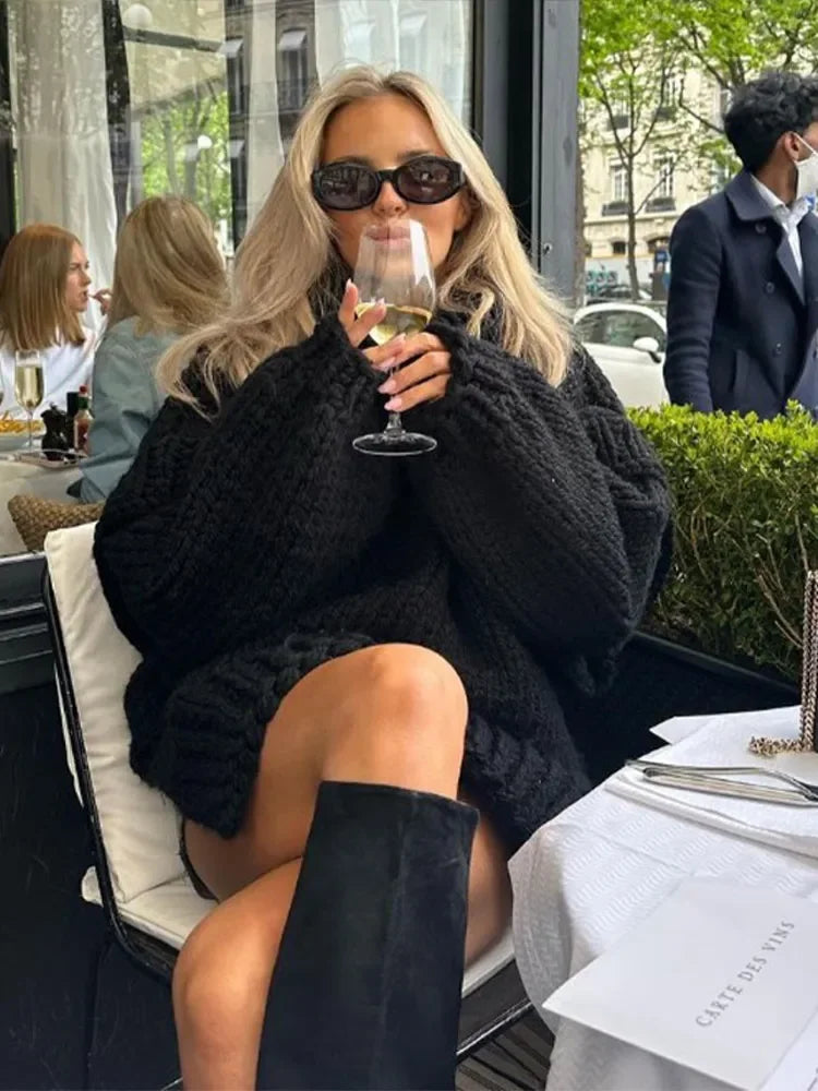 Oversized Knit Turtleneck Sweater With Lantern Sleeves For Women