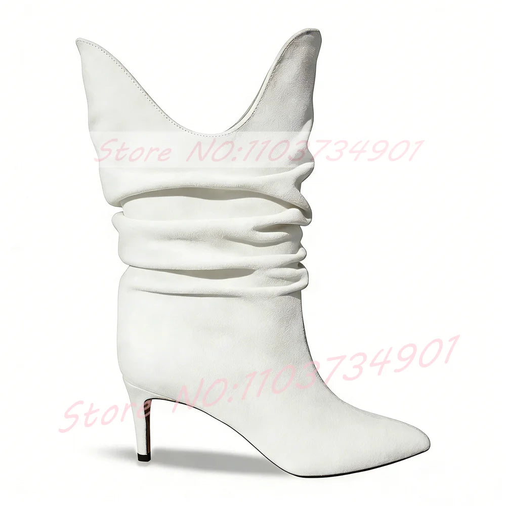 Fuchsia Pleated Pointy Toe High Heel Suede Ankle Boots For Women