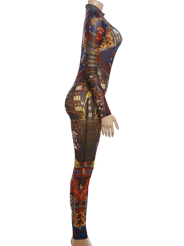 Midnight Stretch See Through Round Neck Zip Jumpsuit for Women