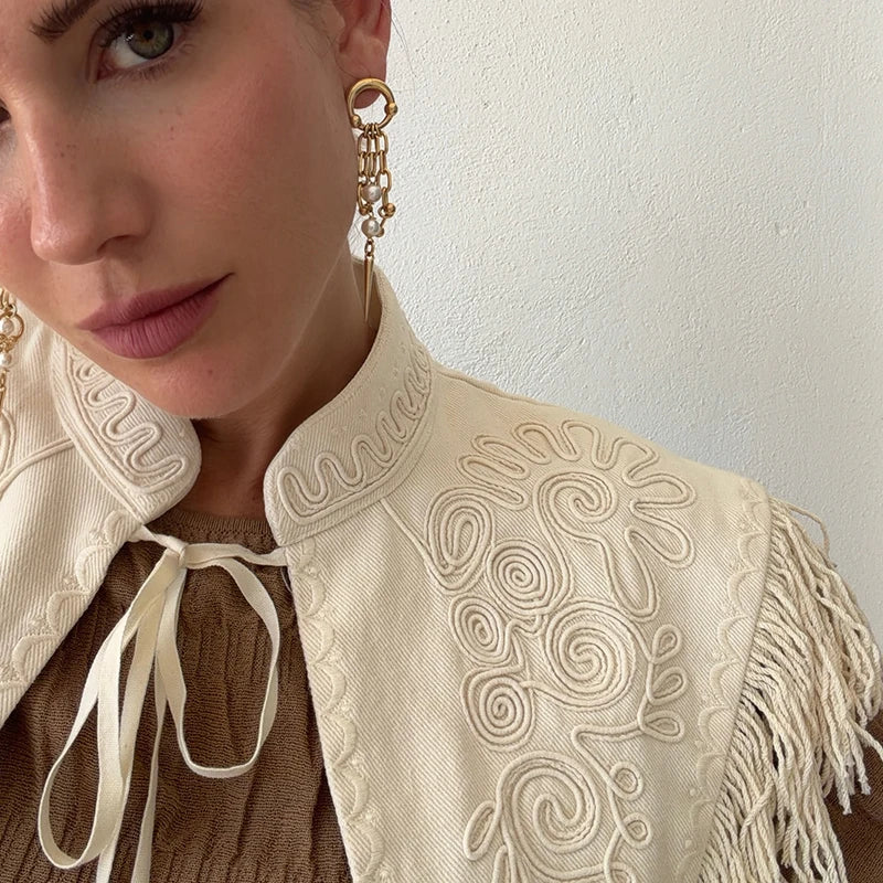 Vintage Asymmetric Tassel Embroidered Shawl For Women