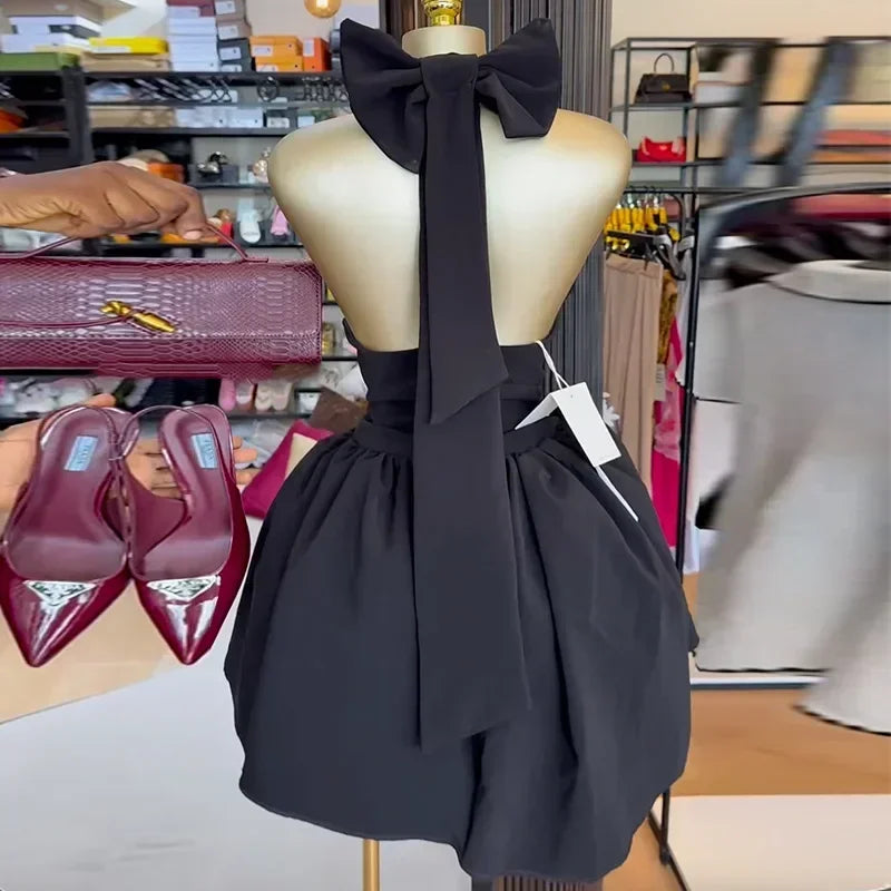 Summer Backless V Neck Butterfly Knot Mini Dress for Women