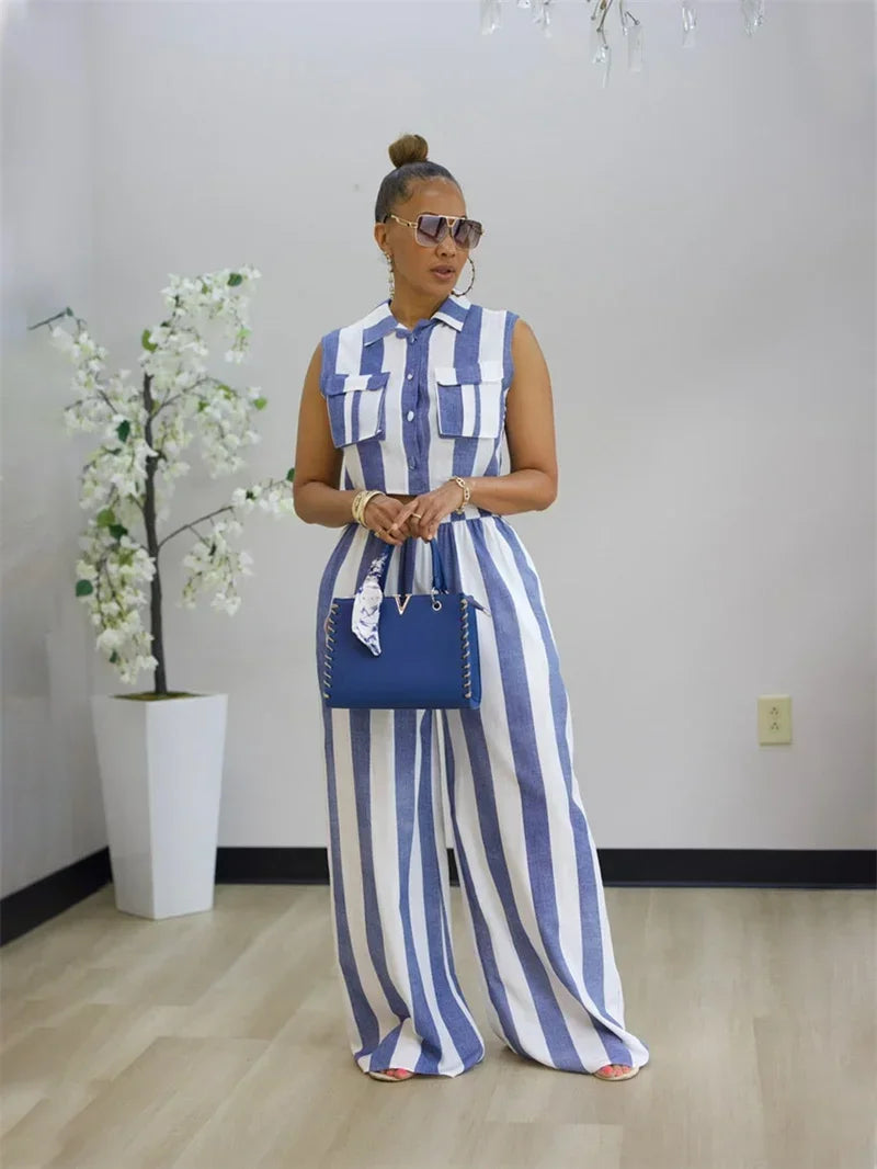 Striped Two Piece Shirt And Wide Leg Pants Set for Women